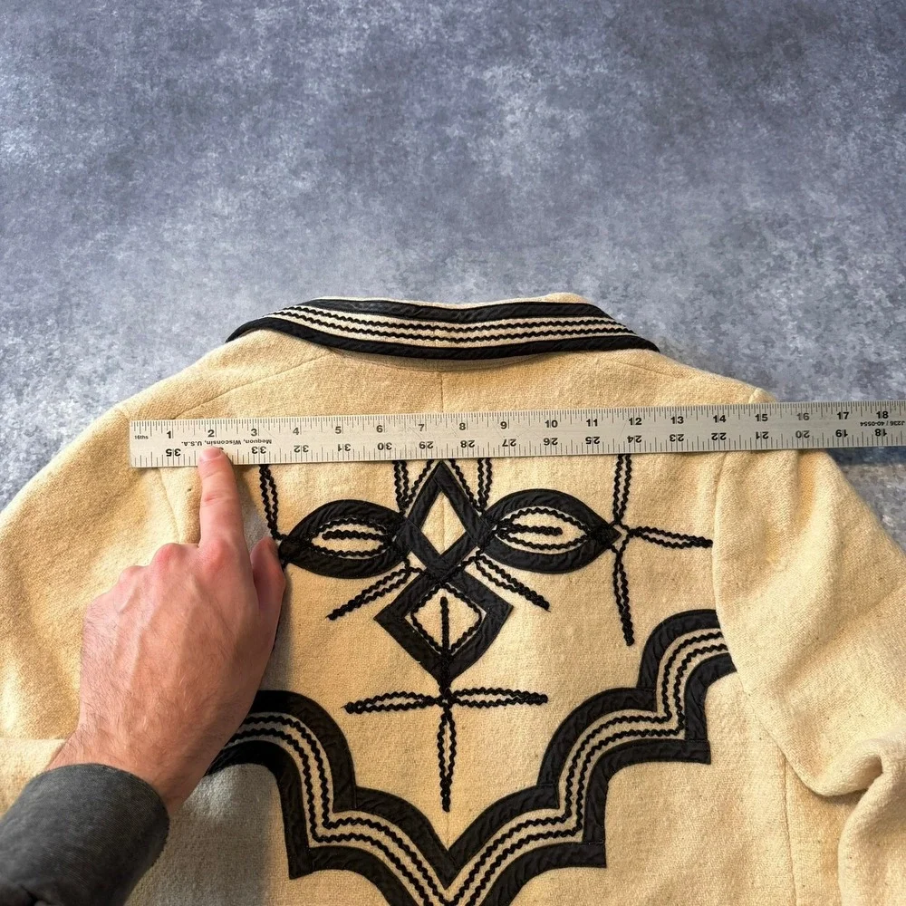 Vintage Soutache Embroidered Wool Jacket Beige Black Western Boho Cropped Blazer - Picture 7 of 9